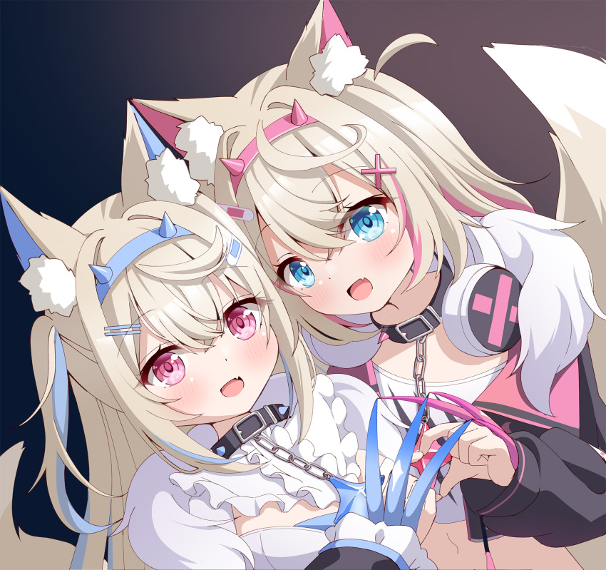 2girls animal_ear_fluff animal_ears azel_(laevateinn495) belt_collar black_collar blue_eyes blue_hair blush cleavage_cutout clothing_cutout collar cropped_jacket cropped_shirt dog_ears dog_girl dog_tail dress fake_claws fang fur-trimmed_jacket fur_trim fuwawa_abyssgard hair_ornament hairpin headphones headphones_around_neck heart heart_hands heart_hands_duo highres hololive hololive_english jacket long_hair medium_hair mococo_abyssgard multicolored_hair multiple_girls navel open_mouth pink_eyes pink_hair shirt siblings sidelocks skin_fang smile spiked_collar spikes streaked_hair tail twins two_side_up virtual_youtuber white_dress white_shirt x_hair_ornament