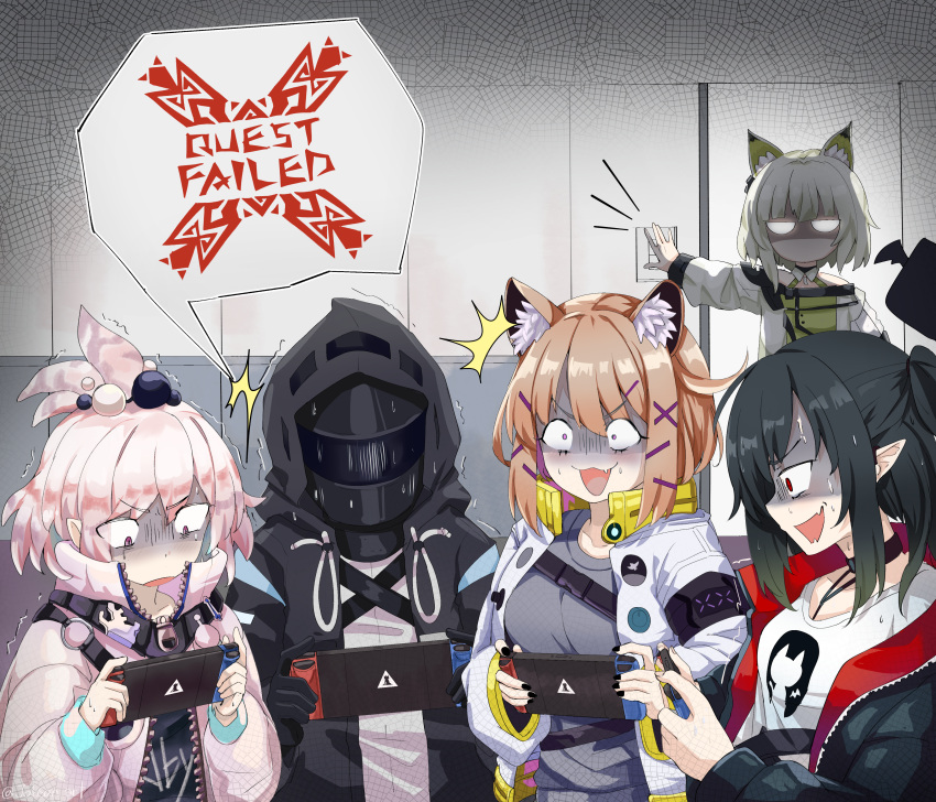 1other 4girls absurdres animal_ear_fluff animal_ears arknights black_hair black_jacket brown_hair cat_ears cat_girl closure_(arknights) collar commentary constricted_pupils doctor_(arknights) handheld_game_console highres holding holding_handheld_game_console indoors jacket kal'tsit_(arknights) kirara_(arknights) monster_hunter_(series) multiple_girls nintendo_switch pink_hair pink_jacket pointy_ears red_eyes rhodes_island_logo shaded_face sleepyowl_(jobkung15) surprised utage_(arknights) violet_eyes white_jacket