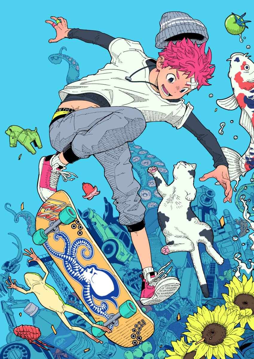 1boy bishounen blue_background bottle car cat character_request commentary copyright_request denim english_commentary fish floating flower food frog fruit highres jeans lower_teeth_only male_focus motor_vehicle original pants redhead shirt skateboarding solo sunflower teeth water_bottle white_shirt zngo