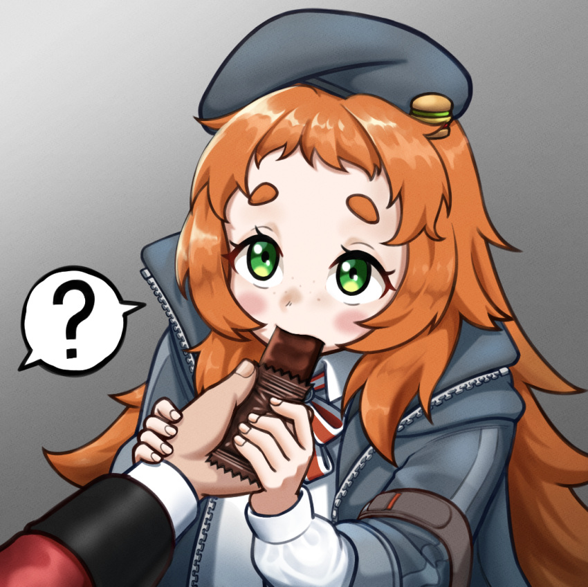 1girl 1other ? beret blush bow bowtie burger_hat_ornament candy chocolate chocolate_bar commander_(girls'_frontline) commentary fingernails food food_in_mouth freckles girls_frontline gradient_background green_eyes grey_background grey_headwear grey_jacket griffin_&amp;_kryuger_military_uniform hat holding holding_chocolate holding_food holding_hands jacket long_hair long_sleeves looking_at_another looking_up missileer open_clothes open_jacket orange_hair red_bow red_bowtie shared_speech_bubble shirt short_eyebrows simple_background solo_focus speech_bubble spoken_question_mark upper_body very_long_hair vp9_(girls'_frontline) white_shirt zipper