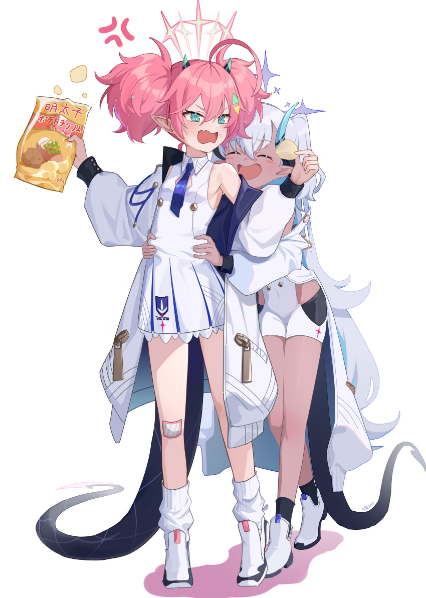 2girls absurdres anger_vein angry annoyed bandaid bandaid_on_knee bandaid_on_leg bare_legs bare_shoulders blue_archive blue_eyes blush breasts chips_(food) closed_eyes coat dark_skin demon_girl demon_horns demon_tail dragon_girl dragon_horns dress eating fang food full_body hair_between_eyes halo hands_on_another's_waist hands_up happy highres holding holding_food horns hug hug_from_behind long_hair momoka_(blue_archive) multiple_girls off_shoulder open_mouth pink_hair potato_chips side_slit slit_pupils small_breasts smile sumomo_(blue_archive) tail torso_grab twintails very_long_hair white_coat white_dress white_hair xiu_kukkii