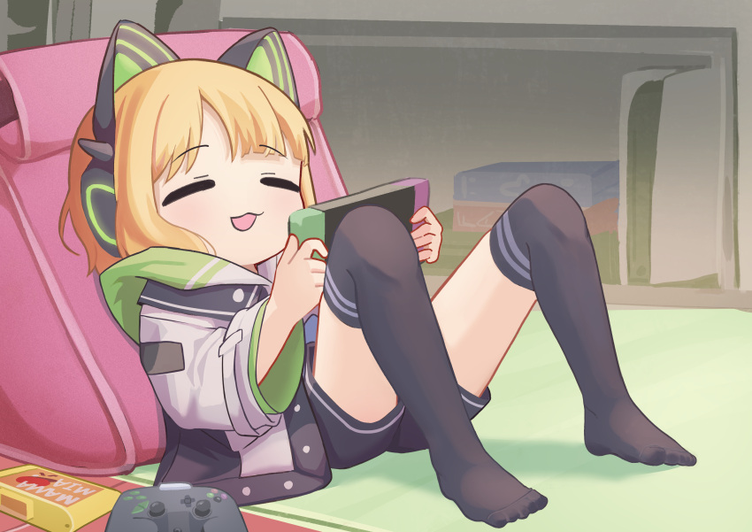 1girl =_= absurdres animal_ear_headphones animal_ears black_thighhighs blonde_hair blue_archive chinese_commentary closed_eyes commentary controller english_commentary fake_animal_ears full_body game_controller handheld_game_console headphones highres holding holding_handheld_game_console jacket knees_up long_sleeves midori_(blue_archive) mixed-language_commentary nanachides nintendo_switch no_shoes open_mouth paid_reward_available short_hair sitting smile solo thigh-highs toes two-sided_fabric two-sided_jacket white_jacket wide_sleeves