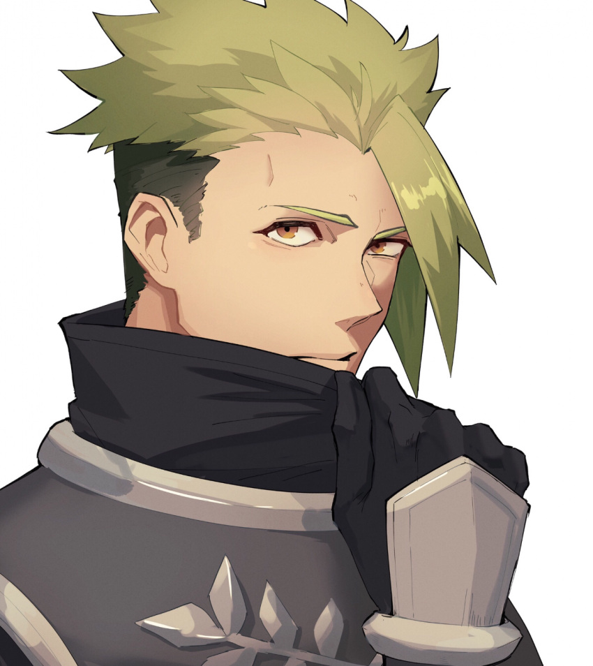 1boy achilles_(fate) armor brown_eyes clenched_hand closed_mouth fate/apocrypha fate_(series) gauntlets haruakira highres looking_at_viewer male_focus mature_male portrait shirt_grab short_hair sideburns simple_background solo turtleneck undercut white_background