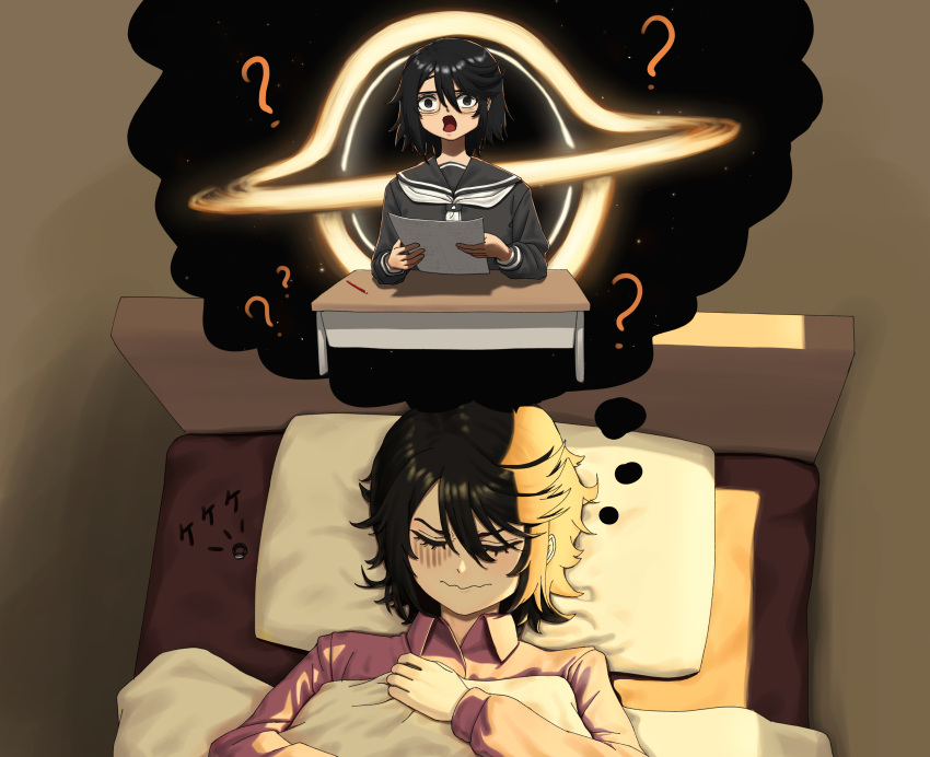 1girl :o ? absurdres bed black_hair black_sailor_collar blanket closed_eyes closed_mouth collared_shirt desk dreaming ellinyse glasses grey_neckerchief highres holding holding_paper jewelry long_sleeves momijiyama_teru multiple_views neckerchief paper pillow red_shirt ring sailor_collar school_desk school_uniform shirt short_hair shy_(series) sleeping thought_bubble wavy_mouth