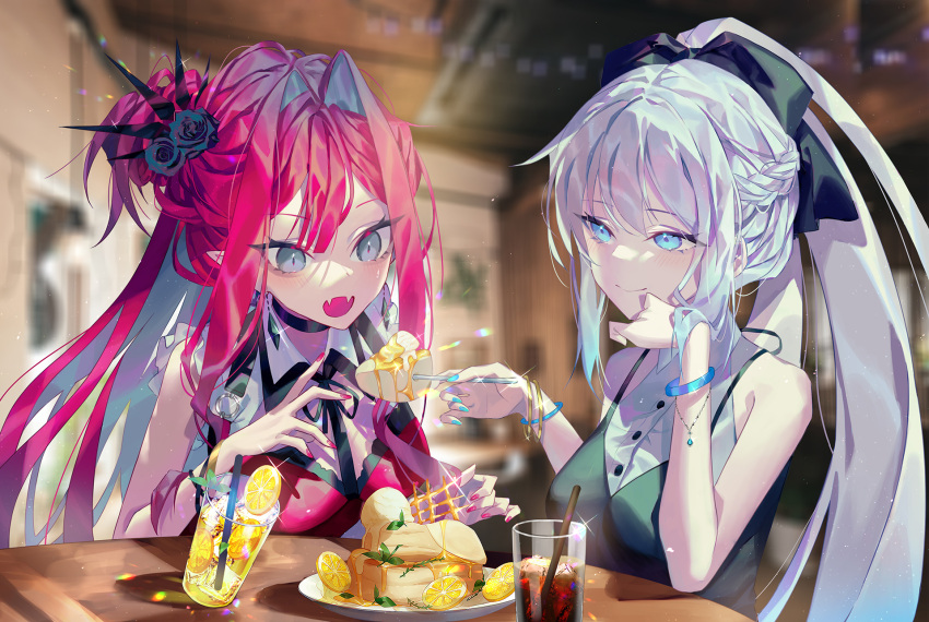 2girls baobhan_sith_(fate) bare_shoulders black_bow black_flower black_ribbon blue_eyes bow bracelet braid breasts buttons closed_mouth coca-cola collared_shirt dress eating emoillu fate/grand_order fate_(series) flower food grey_eyes grey_hair hair_between_eyes hair_bow hair_flower hair_ornament highres jewelry lemonade long_hair morgan_le_fay_(fate) multiple_girls open_mouth pink_dress pink_hair ribbon shirt small_breasts smoking table teeth vampire white_shirt