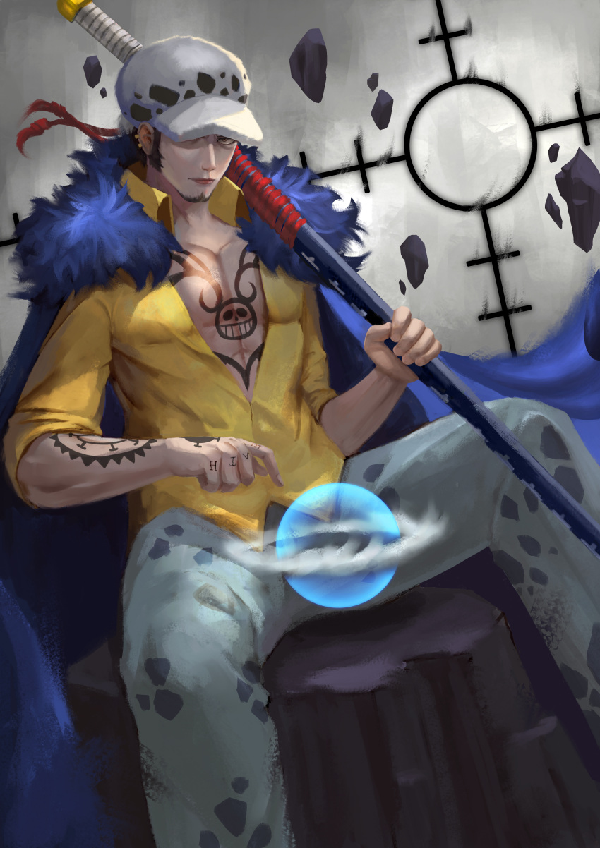 1boy absurdres arm_tattoo black_hair chest_tattoo closed_mouth earrings facial_hair finger_tattoo goatee hand_tattoo hat hat_over_one_eye highres holding holding_sword holding_weapon jewelry male_focus norman_suarno one_piece open_clothes realistic shirt short_hair sideburns sitting solo sword tattoo trafalgar_law weapon yellow_shirt