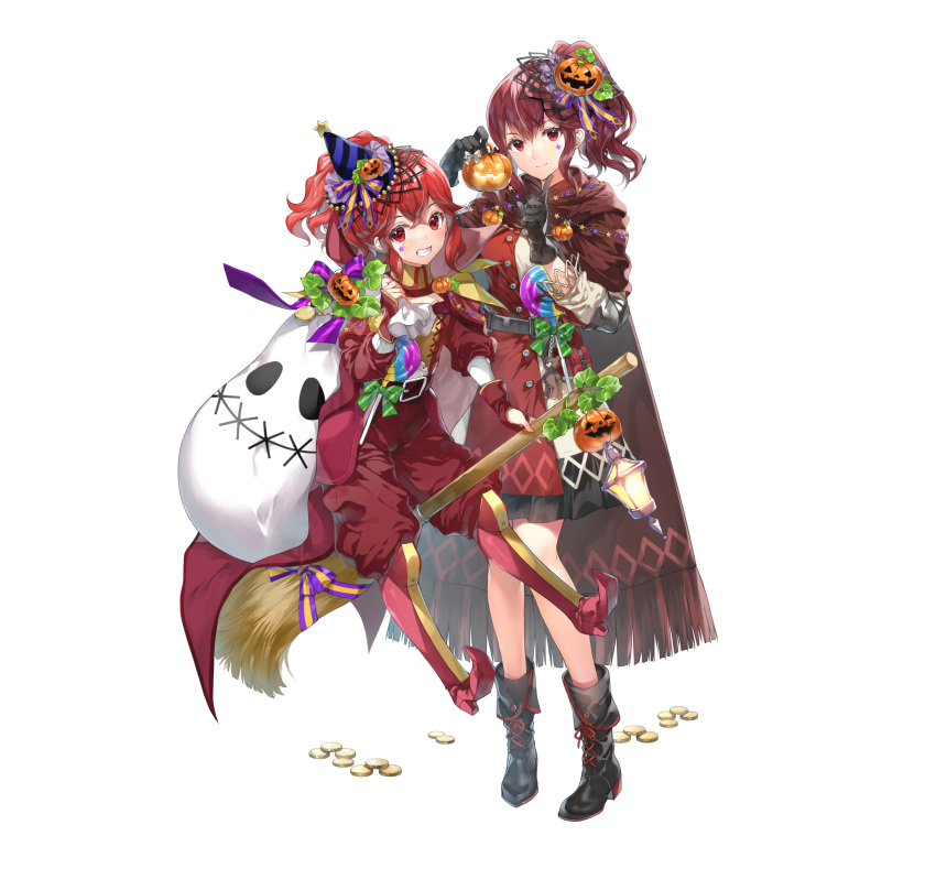 2girls absurdres ankle_boots anna_(fire_emblem) belt boots broom broom_riding candy cape detached_sleeves fire_emblem fire_emblem_awakening fire_emblem_engage fire_emblem_heroes food gloves gold grin hair_ornament hat highres holding index_finger_raised jack-o'-lantern knee_boots lantern lollipop long_hair long_sleeves looking_at_viewer mini_party_hat miwabe_sakura multiple_girls official_alternate_costume official_art pants parted_lips party_hat pointy_footwear ponytail pumpkin red_eyes redhead ribbon sack siblings side_ponytail sidelocks simple_background sisters skirt smile star_(symbol) star_tattoo tattoo teeth turtleneck white_background