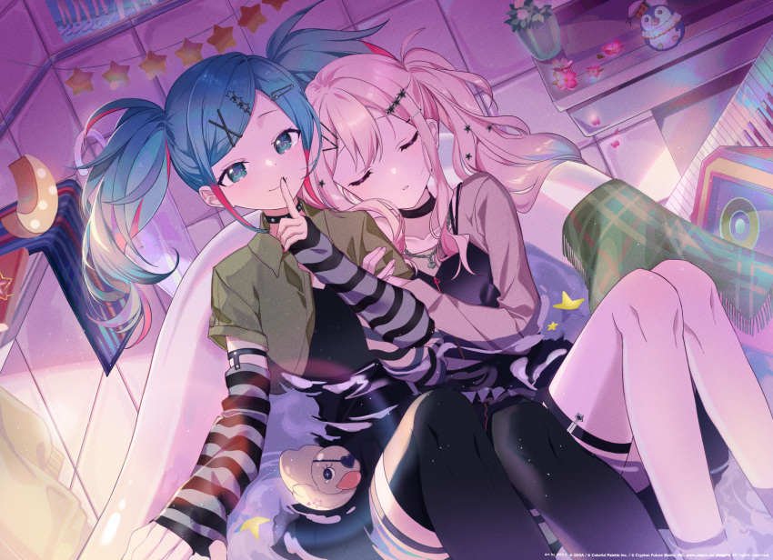 2girls bath bathroom bathtub black_choker black_thighhighs blue_eyes choker closed_eyes colored_inner_hair crescent detached_sleeves finger_to_mouth hair_ornament hatsune_miku head_on_another's_shoulder highres indoors leo/need_miku looking_at_viewer multicolored_hair multiple_girls no_seek_no_find_(project_sekai) official_alternate_costume omutatsu partially_submerged phenny_(project_sekai) project_sekai rubber_duck safety_pin star_(symbol) star_hair_ornament studded_choker stuffed_animal stuffed_penguin stuffed_toy tenma_saki thigh-highs thigh_strap twintails vocaloid x_hair_ornament