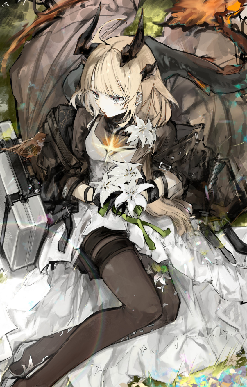 1girl a_chxoblc absurdres arknights bird black_jacket blonde_hair briefcase brown_pantyhose commentary dragon_girl dragon_horns dragon_tail dress feet_out_of_frame flame-tipped_tail flower grey_eyes highres horns jacket light_in_heart lily_(flower) long_hair open_clothes open_jacket pantyhose reed_(arknights) reed_the_flame_shadow_(arknights) signature sitting solo sparrow tail thigh_strap white_dress white_flower yokozuwari