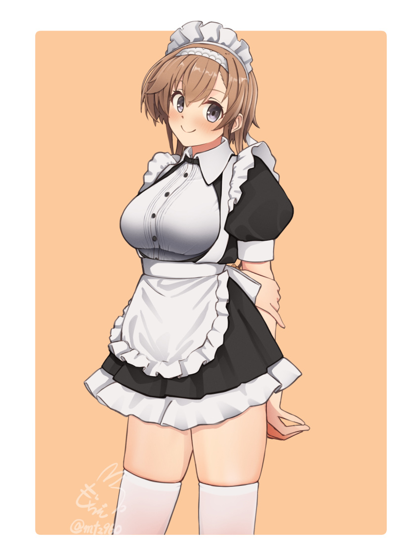 1girl absurdres alternate_costume apron arms_behind_back black_dress breasts commentary_request contrapposto dress enmaided gradient_background grey_eyes highres kantai_collection light_brown_hair long_hair low_twintails maid maid_headdress medium_breasts mochizou orange_background puffy_sleeves short_sleeves smile solo standing teruzuki_(kancolle) thigh-highs twintails white_apron white_thighhighs