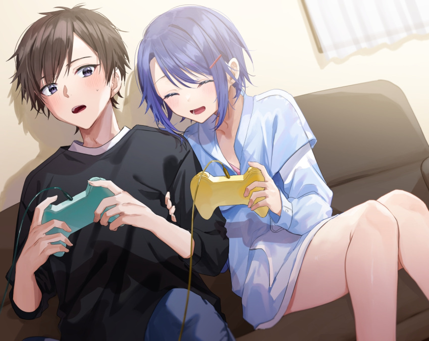 1boy 1girl ^_^ arm_grab black_eyes black_shirt blue_hair blue_panties blue_shirt blush brown_hair chigusa_minori closed_eyes collarbone commentary_request controller couch dutch_angle game_controller hair_ornament hairclip himeno_akira holding holding_controller holding_game_controller indoors jitsuha_imouto_deshita. long_sleeves lower_teeth_only majima_ryouta official_art on_couch open_mouth overshirt panties partial_commentary shirt short_hair sidelocks sweatdrop teeth underwear upper_teeth_only white_shirt