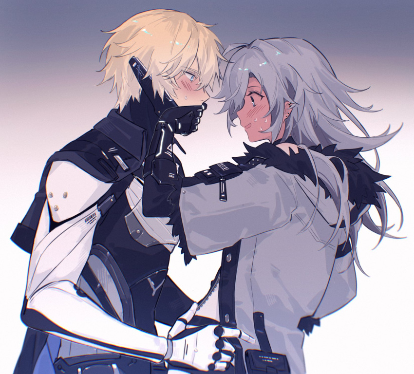 1boy 1girl blonde_hair blue_eyes blush commandant_(punishing:_gray_raven) covering_mouth cyborg ear_piercing full-face_blush fur-trimmed_jacket fur_trim grey_eyes grey_hair grey_jacket hand_over_another's_mouth hands_on_another's_hips highres hood hooded_jacket imminent_kiss jacket lee:_hyperreal_(punishing:_gray_raven) lee_(punishing:_gray_raven) long_hair mao_(expuella) mechanical_parts piercing punishing:_gray_raven rejected_kiss short_hair shy sweat