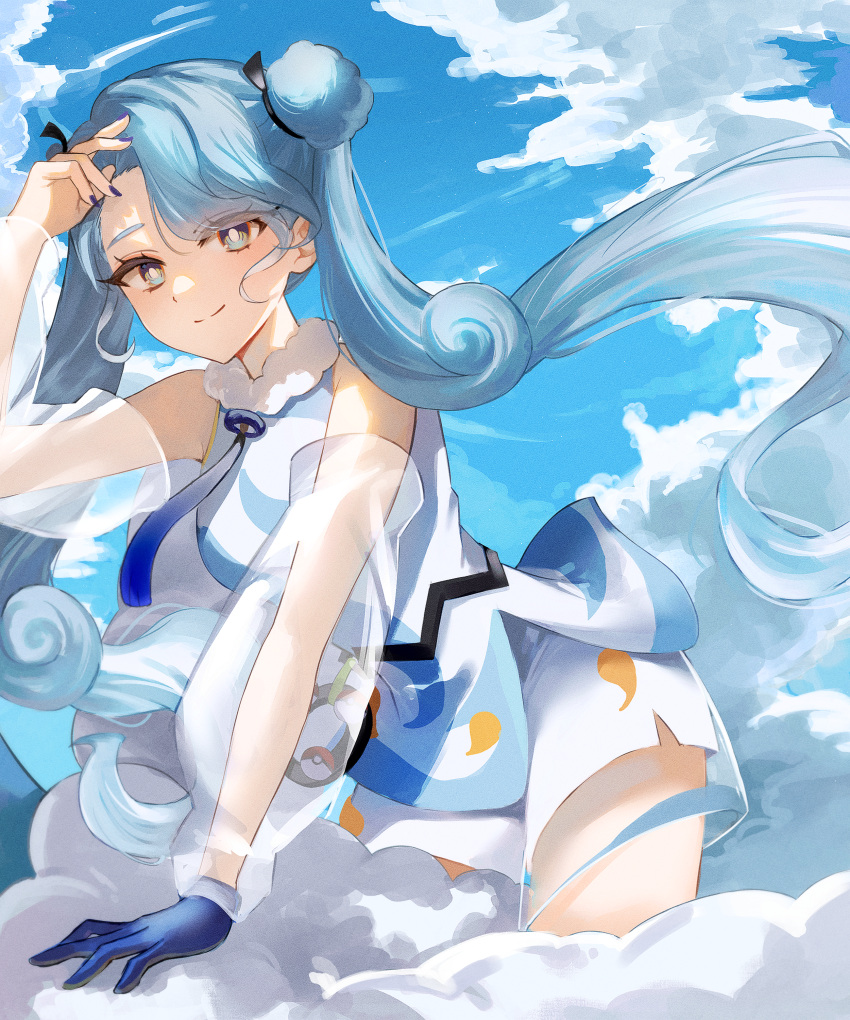 1girl absurdres bare_shoulders blue_gloves blue_hair blue_sky chouxdb clouds detached_sleeves double_bun eyeshadow flying_miku_(project_voltage) gloves gradient_hair hair_bun hand_on_own_forehead hatsune_miku highres long_hair looking_at_viewer makeup multicolored_hair pokemon project_voltage see-through see-through_shorts see-through_sleeves shorts shorts_under_shorts single_glove sky smile twintails very_long_hair vocaloid wind_chime