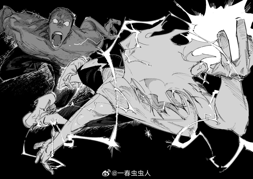 2boys arm_up atie1225 black_background blank_eyes duel electricity electrokinesis facing_another from_above greyscale hair_slicked_back highres hunter_x_hunter killua_zoldyck menthuthuyoupi monochrome multiple_boys perspective shoes shorts spiky_hair topless_male