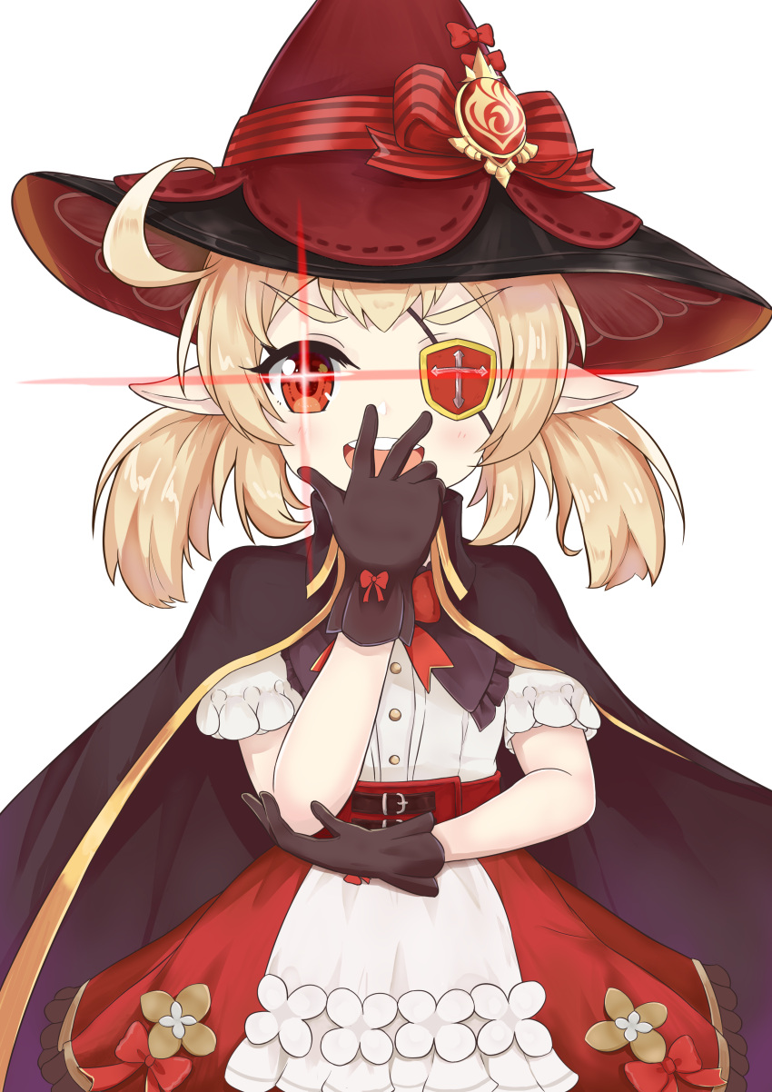 1girl :d absurdres ahoge black_cape black_gloves black_headwear blonde_hair bow cape cosplay eyepatch feiyyx genshin_impact gloves hand_to_own_mouth hat hat_bow highres klee_(genshin_impact) kono_subarashii_sekai_ni_shukufuku_wo! looking_at_viewer low_twintails megumin megumin_(cosplay) pointy_ears puffy_short_sleeves puffy_sleeves red_bow red_eyes red_headwear red_skirt round_teeth shirt short_sleeves simple_background skirt smile solo striped striped_bow teeth thick_eyebrows twintails upper_teeth_only v-shaped_eyebrows white_background white_shirt witch_hat