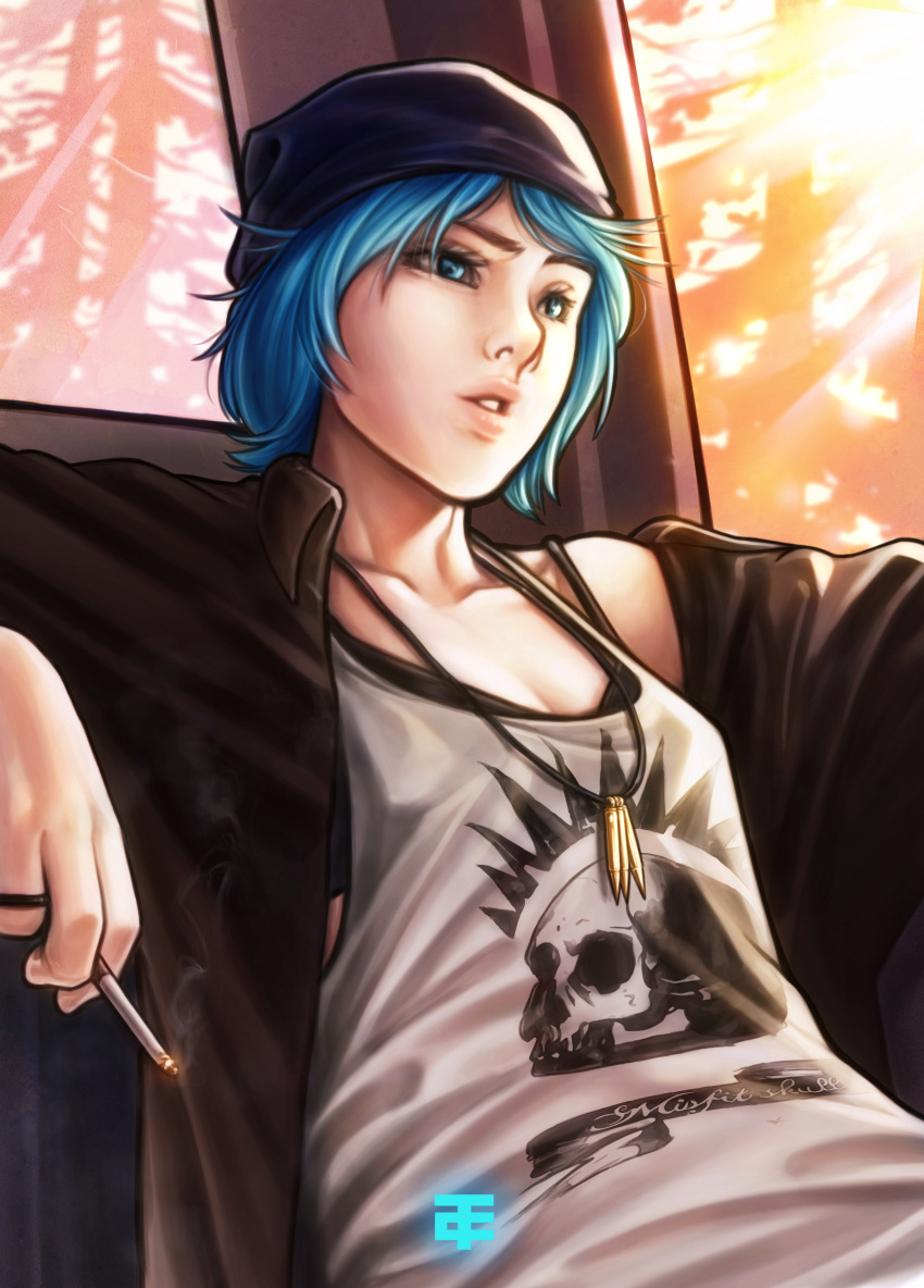 1girl absurdres artist_logo beanie black_headwear blue_eyes blue_hair car_interior chloe_price christt cigarette day hat highres holding holding_cigarette jacket jewelry life_is_strange necklace open_clothes open_jacket print_tank_top short_hair sitting skull_print solo tank_top upper_body watermark white_tank_top