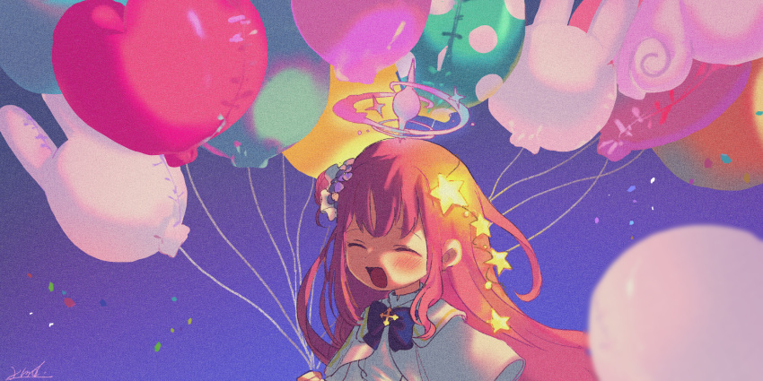 1girl balloon blue_archive blue_bow blue_bowtie blush bow bowtie capelet closed_eyes commentary confetti film_grain floating_hair flower glowing hair_bun hair_flower hair_ornament halo heart_balloon highres holding holding_balloon kmd_tale long_hair mika_(blue_archive) open_mouth pink_hair purple_flower rabbit_balloon signature single_side_bun smile solo star_(symbol) star_hair_ornament too_many_balloons upper_body white_capelet