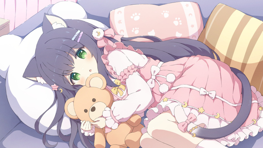 1girl :o animal_ear_fluff animal_ears black_hair blush bow cat_ears cat_girl cat_tail commentary commission couch crescent crescent_hair_ornament dress feet_out_of_frame frilled_dress frills green_eyes hair_ornament hairclip highres holding holding_stuffed_toy long_hair long_sleeves looking_at_viewer lying medium_dress on_couch on_side original parted_lips pillow pink_bow pink_dress puffy_long_sleeves puffy_sleeves skeb_commission socks solo star_(symbol) star_hair_ornament stuffed_animal stuffed_toy tail tail_bow tail_ornament teddy_bear tyakomes variant_set white_socks