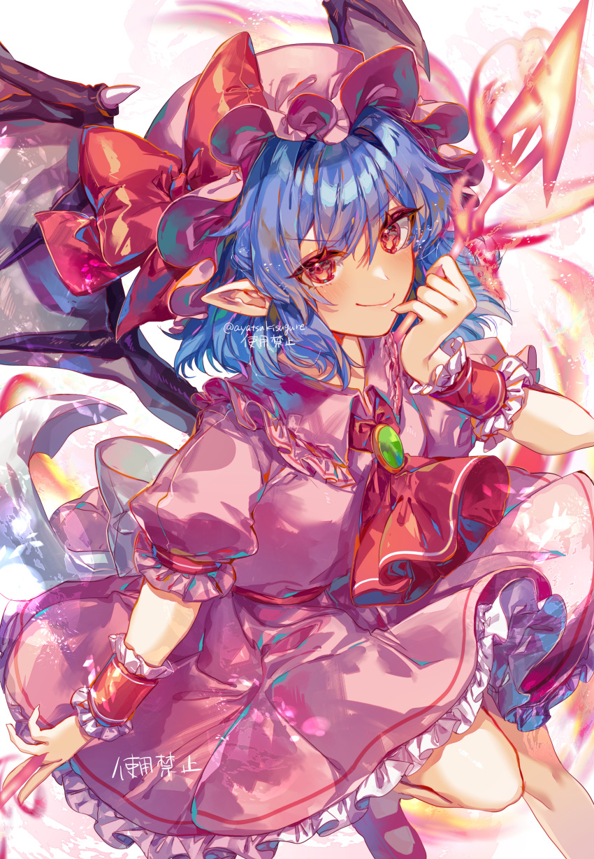 1girl absurdres ascot ayatsuki_sugure bat_wings blue_hair brooch closed_mouth dress frilled_dress frills hat hat_ribbon highres jewelry mob_cap pink_dress pink_headwear pointy_ears puffy_short_sleeves puffy_sleeves red_ascot red_eyes red_footwear red_ribbon remilia_scarlet ribbon shoes short_hair short_sleeves smile solo touhou wings wrist_cuffs