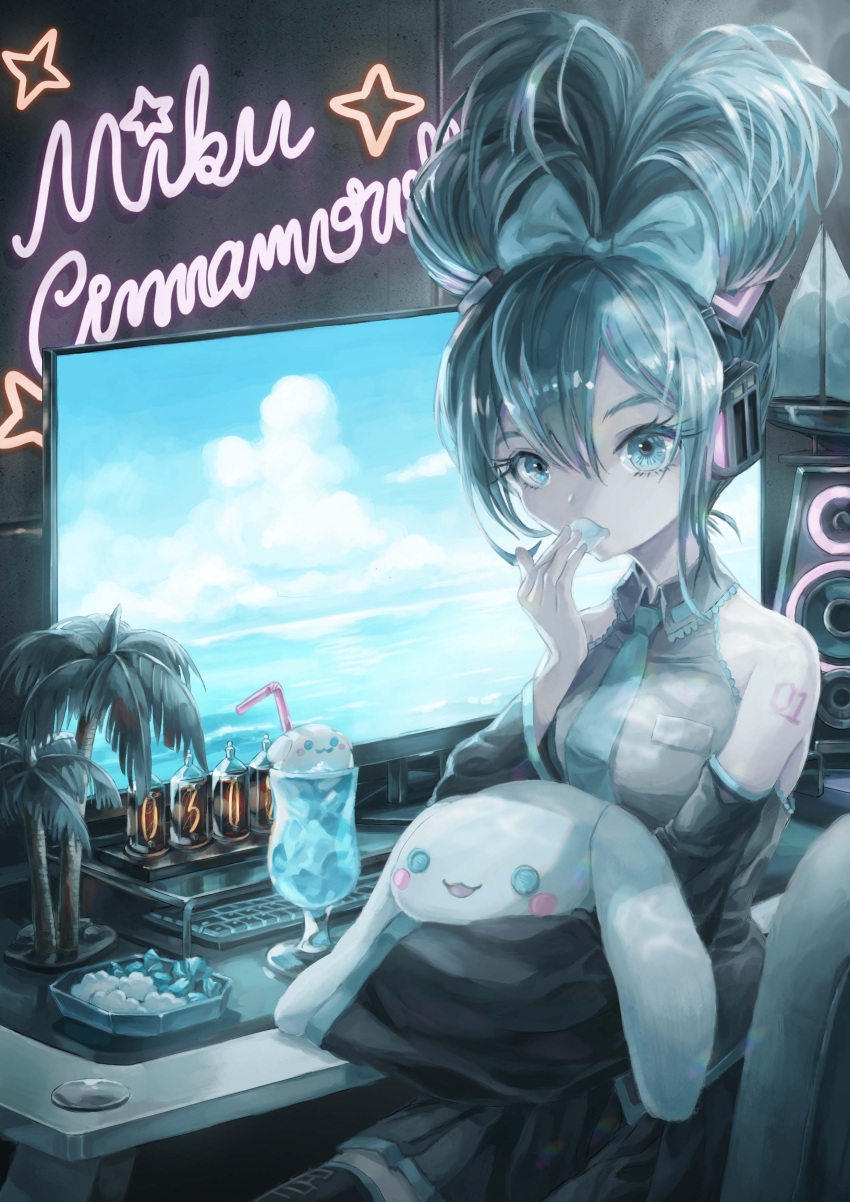1girl absurdres aqua_necktie at_computer azumikano black_skirt breast_pocket candy character_name cinnamiku cinnamoroll collared_shirt drink drinking_straw eyelashes folded_twintails food food_in_mouth hair_between_eyes hatsune_miku highres keyboard_(computer) looking_at_viewer monitor necktie nixie_tube pocket sanrio self_borrowed_hairstyle shirt shoulder_tattoo sitting skirt solo speaker stuffed_animal stuffed_toy tattoo thigh-highs vocaloid wrapped_candy