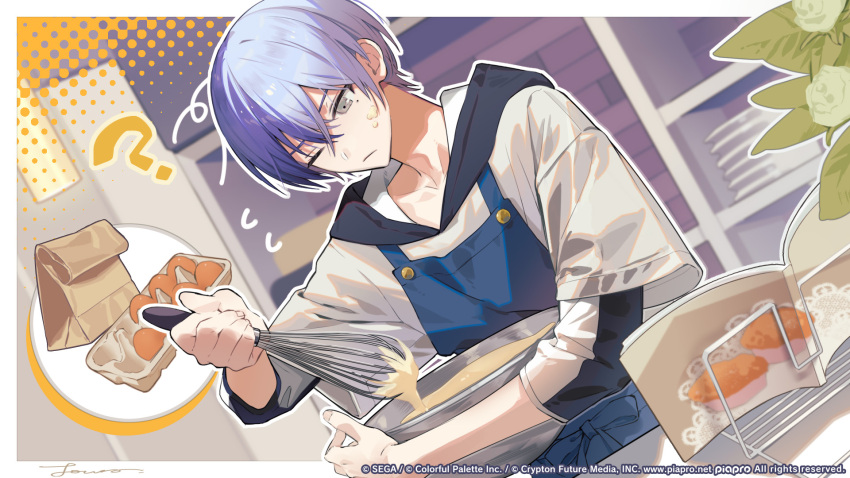 1boy ? aoyagi_touya apron bag baking blue_eyes blue_hair book bowl closed_mouth commentary_request dark_blue_hair egg_(food) food hair_between_eyes highres holding holding_bowl holding_whisk hood hood_down indoors layered_sleeves leaf long_sleeves lowro_(en) male_focus mole mole_under_eye muffin multicolored_hair never_give_up_cooking!_(project_sekai) official_art one_eye_closed open_book paper_bag project_sekai second-party_source short_hair short_over_long_sleeves short_sleeves solo split-color_hair two-tone_hair upper_body whisk