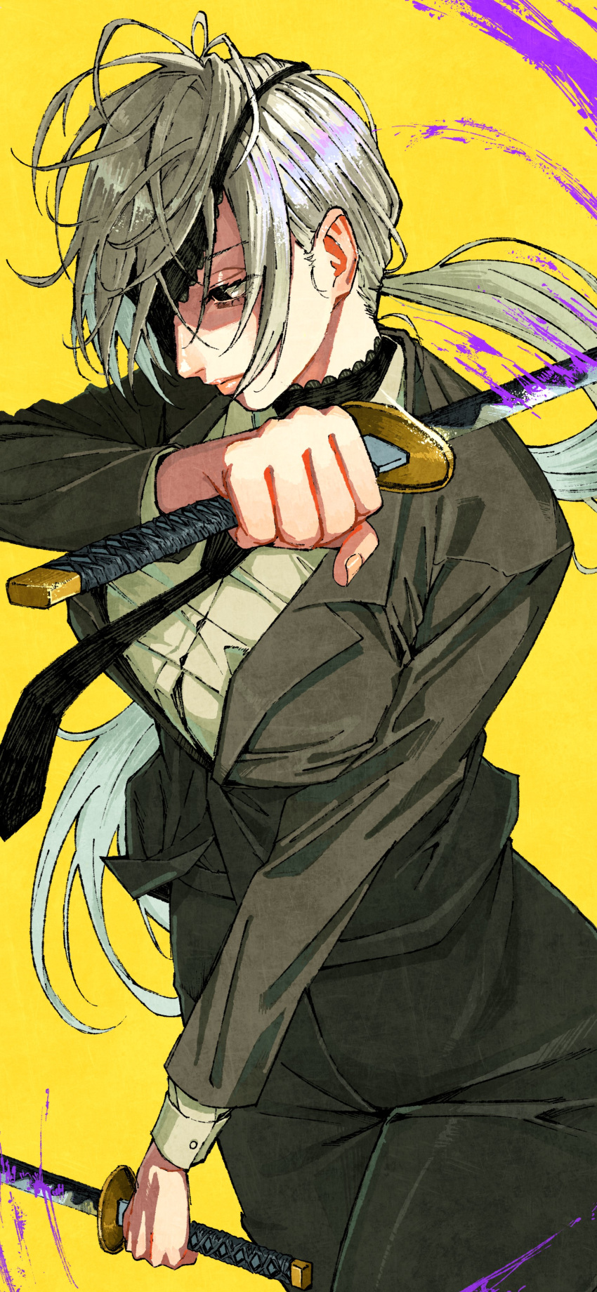 1girl absurdres black_choker black_eyes black_jacket black_necktie black_pants black_suit blood chainsaw_man choker collared_shirt commentary cowboy_shot dual_wielding erupusai2 expressionless eyepatch from_above grey_hair highres holding holding_sword holding_weapon jacket katana lace-trimmed_choker lace_trim long_hair low_ponytail necktie one_eye_covered pants purple_blood quanxi_(chainsaw_man) shirt simple_background solo stylized_blood suit sword weapon white_shirt yellow_background