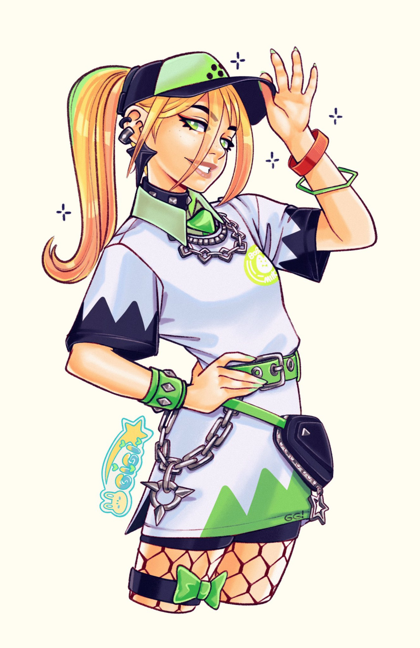 1girl baseball_cap blonde_hair chain collared_shirt facing_to_the_side fortnite gigis_lab green_eyes green_nails hat helsie_(fortnite) high_ponytail highres looking_at_viewer nail_polish official_alternate_costume shirt smile