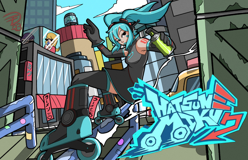 1girl absurdres bandaid bandaid_on_face black_gloves black_skirt black_thighhighs blue_lips can character_name city detached_sleeves english_commentary eyelashes gloves grey_shirt hatsune_miku highres holding holding_can jarzard jet_set_radio lipstick long_hair makeup parody railing roller_skates shirt shoulder_tattoo skates skirt solo spray_can style_parody tattoo thigh-highs twintails vocaloid water_tower