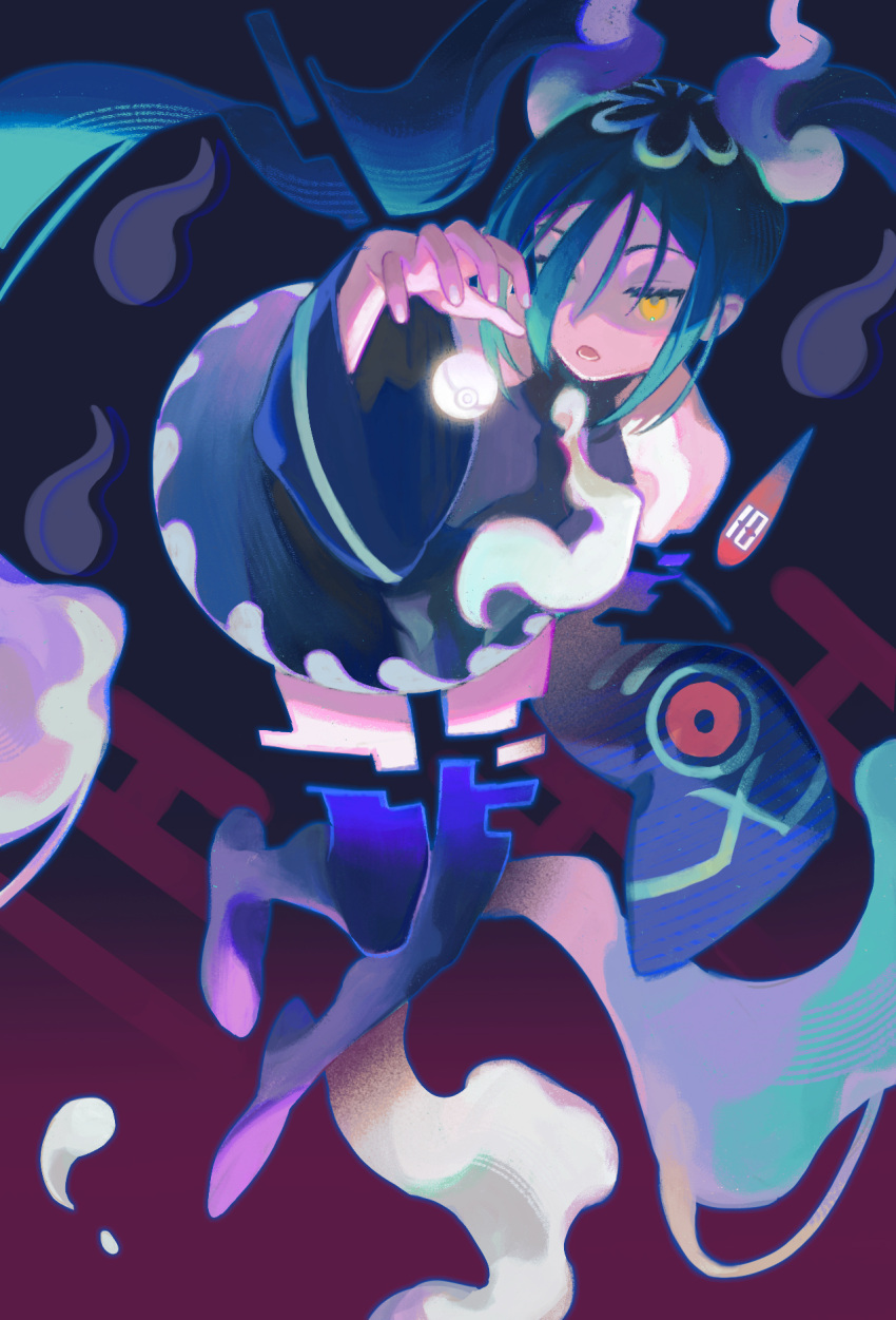 1girl aqua_hair black_thighhighs detached_sleeves floating ghost ghost_miku_(project_voltage) glitch grey_shirt hair_over_one_eye hatsune_miku highres long_hair necktie no-129 open_mouth poke_ball pokemon project_voltage shirt skirt thigh-highs twintails very_long_hair vocaloid will-o'-the-wisp_(mythology) yellow_eyes