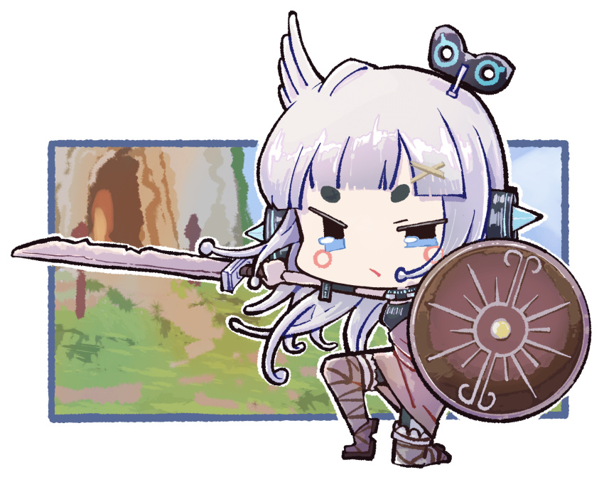 1girl alternate_costume and_uge blue_eyes blunt_bangs brown_dress brown_footwear chibi closed_mouth commentary dress frown full_body grey_hair hair_ornament hairpods highres holding holding_shield holding_sword holding_weapon long_hair looking_at_viewer medium_bangs nanashi_inc. on_one_knee shield shoes solo sword thick_eyebrows touki31249960 v-shaped_eyebrows virtual_youtuber weapon white_background winding_key x_hair_ornament