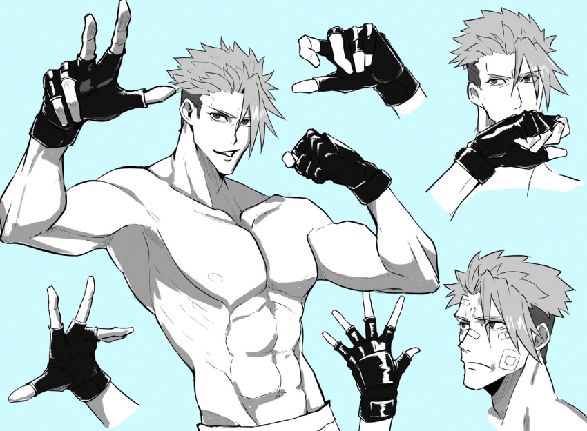 1boy abs achilles_(fate) bandaid bandaid_on_face blue_background clenched_hand fate/apocrypha fate_(series) fingerless_gloves frown gloves grin haruakira male_focus monochrome multiple_views nipples pectorals short_hair smile topless_male undercut upper_body wiping_face