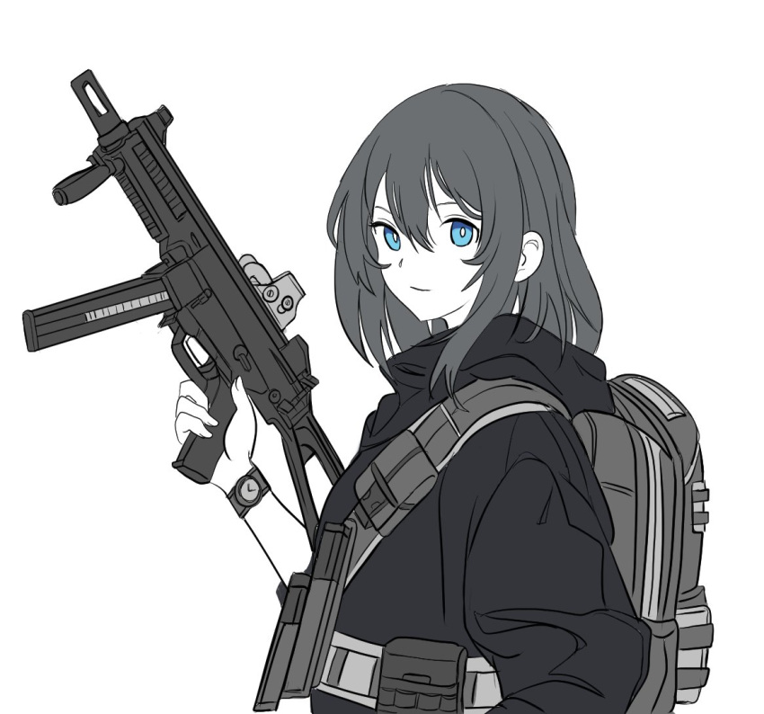 1girl backpack bag blue_eyes borrowed_character closed_mouth commentary english_commentary gun hair_between_eyes holding holding_gun holding_weapon jacket long_sleeves looking_at_viewer monochrome original pixcy_(pixcy5) simple_background smile solo upper_body watch watch weapon weapon_request white_background
