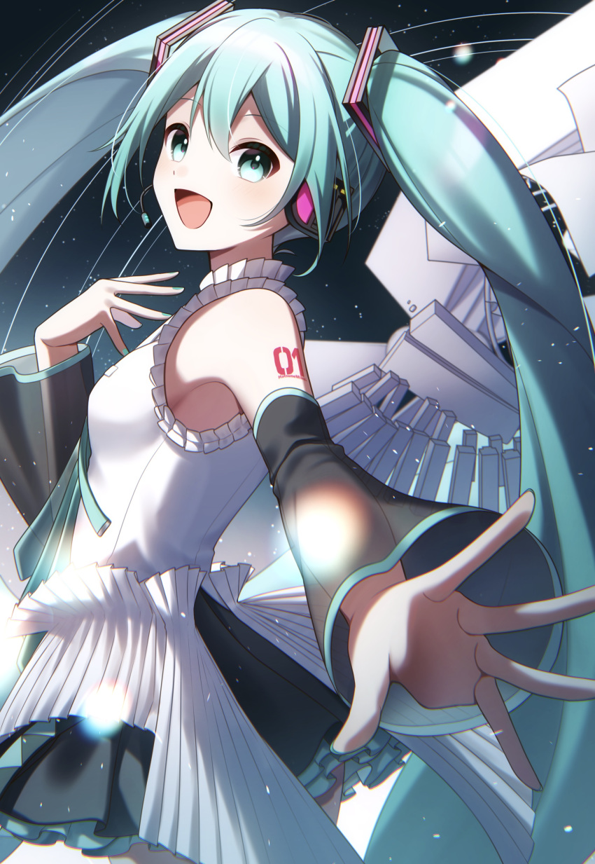 1girl absurdres blue_eyes blue_hair blush detached_sleeves hair_ornament hatsune_miku headphones headset highres long_hair looking_at_viewer nail_polish neck_ribbon open_mouth piano_keys reaching reaching_towards_viewer ribbon see-through see-through_sleeves shirt sky sleeveless sleeveless_shirt smile solo star_(sky) starry_sky teneko02 twintails very_long_hair vocaloid