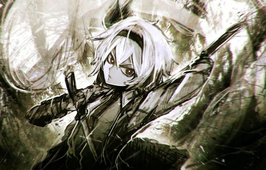 1girl bright_pupils collared_shirt commentary_request denpa_rasaito dual_wielding grey_hair greyscale hair_between_eyes hair_ribbon hairband highres holding holding_sword holding_weapon katana konpaku_youmu long_bangs long_sleeves looking_at_viewer monochrome one-hour_drawing_challenge open_mouth red_eyes ribbon serious shirt short_hair skirt solo spot_color sword touhou upper_body v-shaped_eyebrows vest weapon white_pupils white_shirt