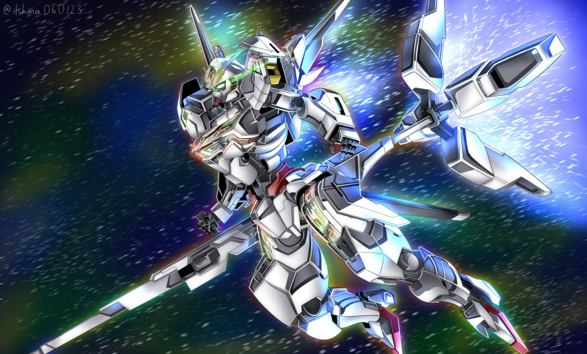 beam_cannon commentary energy_cannon exhaust flying glowing glowing_eyes green_eyes gundam gundam_calibarn gundam_suisei_no_majo highres holding holding_cannon holding_weapon light_particles mecha mobile_suit no_humans robot science_fiction shimashun solo thrusters twitter_username v-fin weapon
