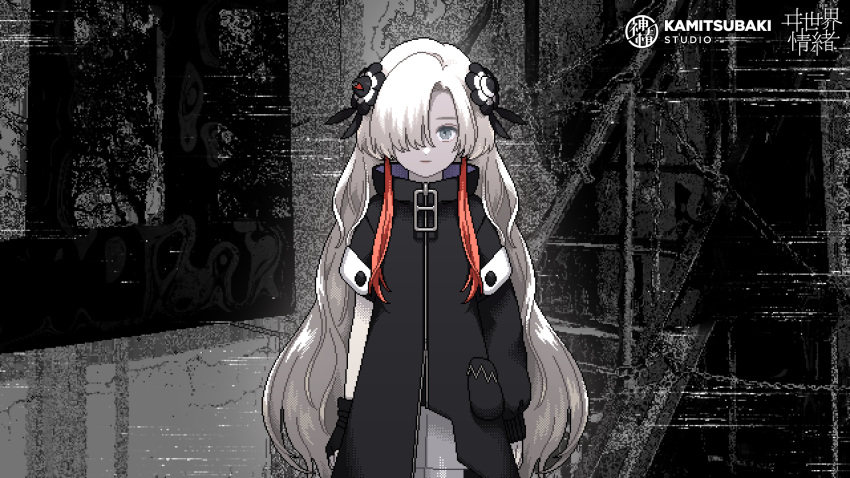 1girl arms_at_sides asymmetrical_sleeves black_coat black_flower black_gloves character_name closed_mouth coat commentary_request company_name cowboy_shot expressionless fingerless_gloves flower glitch gloves grey_eyes hair_flower hair_ornament hair_over_one_eye high_collar highres isekai_joucho kamitsubaki_studio long_hair looking_at_viewer lost_delusion_(utau) monochrome_background multicolored_hair narume one_eye_covered pixel_art redhead shorts single_fingerless_glove solo standing straight-on streaked_hair uneven_sleeves very_long_hair virtual_youtuber wavy_hair white_hair white_shorts zipper zipper_pull_tab