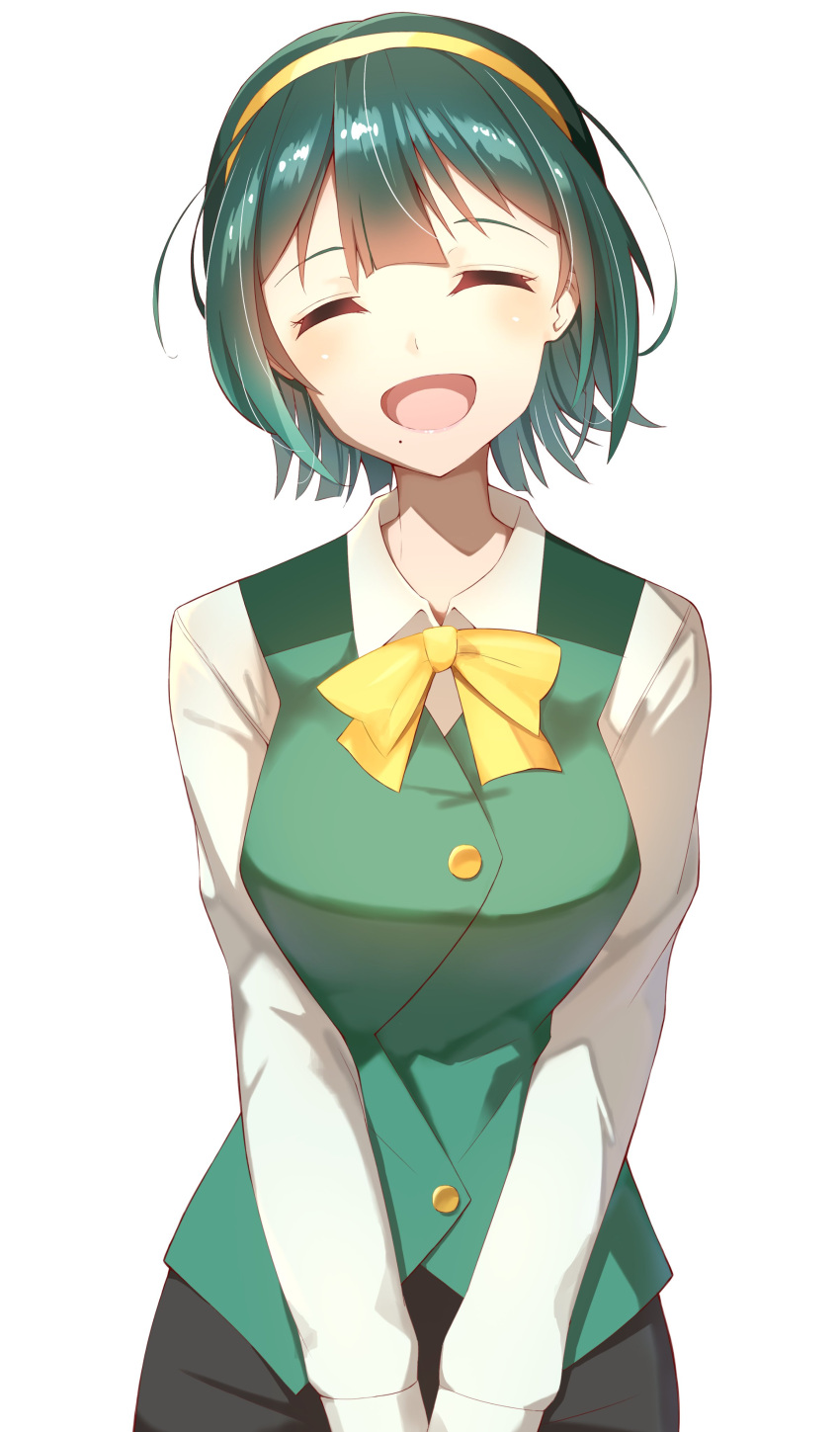 1girl absurdres black_skirt blush bow bowtie breasts closed_eyes cowboy_shot green_hair green_vest hairband highres idolmaster idolmaster_(classic) idolmaster_million_live! idolmaster_million_live!_theater_days large_breasts long_sleeves mole mole_under_mouth open_mouth otonashi_kotori pencil_skirt shiroyu shirt short_hair simple_background skirt smile solo standing vest white_background white_shirt yellow_bow yellow_bowtie yellow_hairband