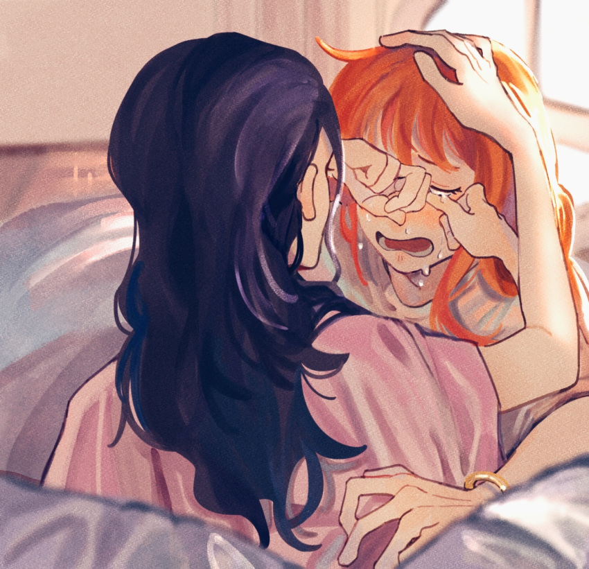 2girls black_hair closed_eyes crying hand_on_another's_head highres indoors lower_teeth_only multiple_girls nami_(one_piece) nico_robin one_piece orange_hair parted_lips teeth tongue yingchencat yuri