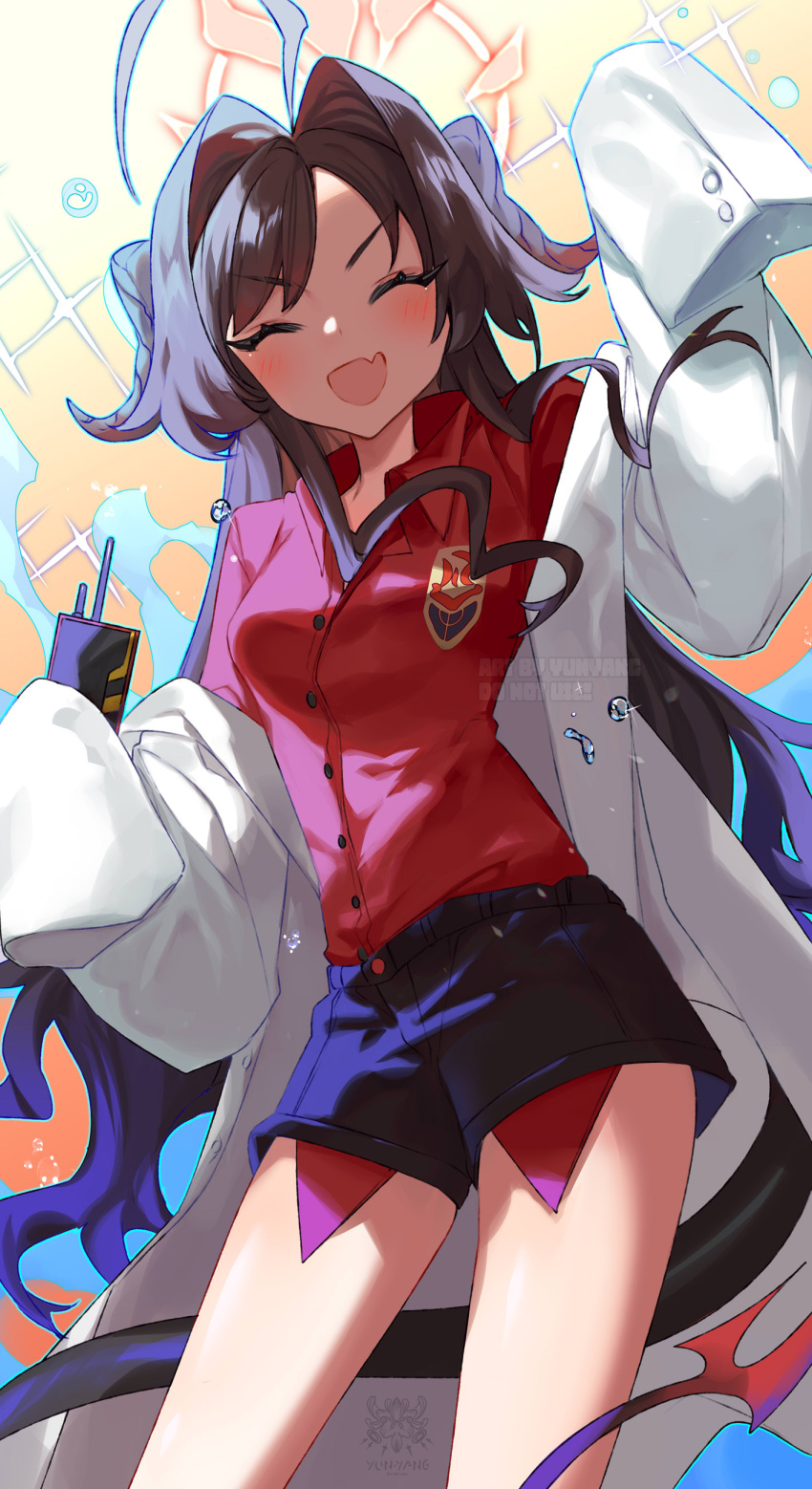 1girl ^_^ absurdres ahoge antenna_hair black_horns black_shorts blue_archive blush closed_eyes coat collared_shirt demon_girl demon_horns demon_tail detonator english_commentary gradient_background hair_intakes halo hands_up highres holding horns huge_ahoge kasumi_(blue_archive) lab_coat long_hair micro_shorts off_shoulder open_mouth orange_background red_halo red_shirt shirt short_shorts shorts sleeves_past_fingers sleeves_past_wrists smile solo sparkle tail thighs v-shaped_eyebrows white_coat yun-yang