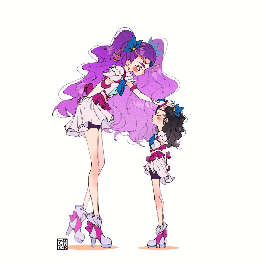 2girls artist_logo bike_shorts bike_shorts_under_skirt black_hair blush boots closed_eyes commentary_request cosplay earrings eyelashes flower hair_flower hair_ornament happy high_heel_boots high_heels highres jewelry long_hair looking_at_another magical_girl midriff milk_(yes!_precure_5) milky_rose milky_rose_(cosplay) mimino_kurumi multiple_girls precure purple_hair shorts shorts_under_skirt simple_background skirt smile standing tete_a tiara twintails violet_eyes white_background yes!_precure_5 yes!_precure_5_gogo!