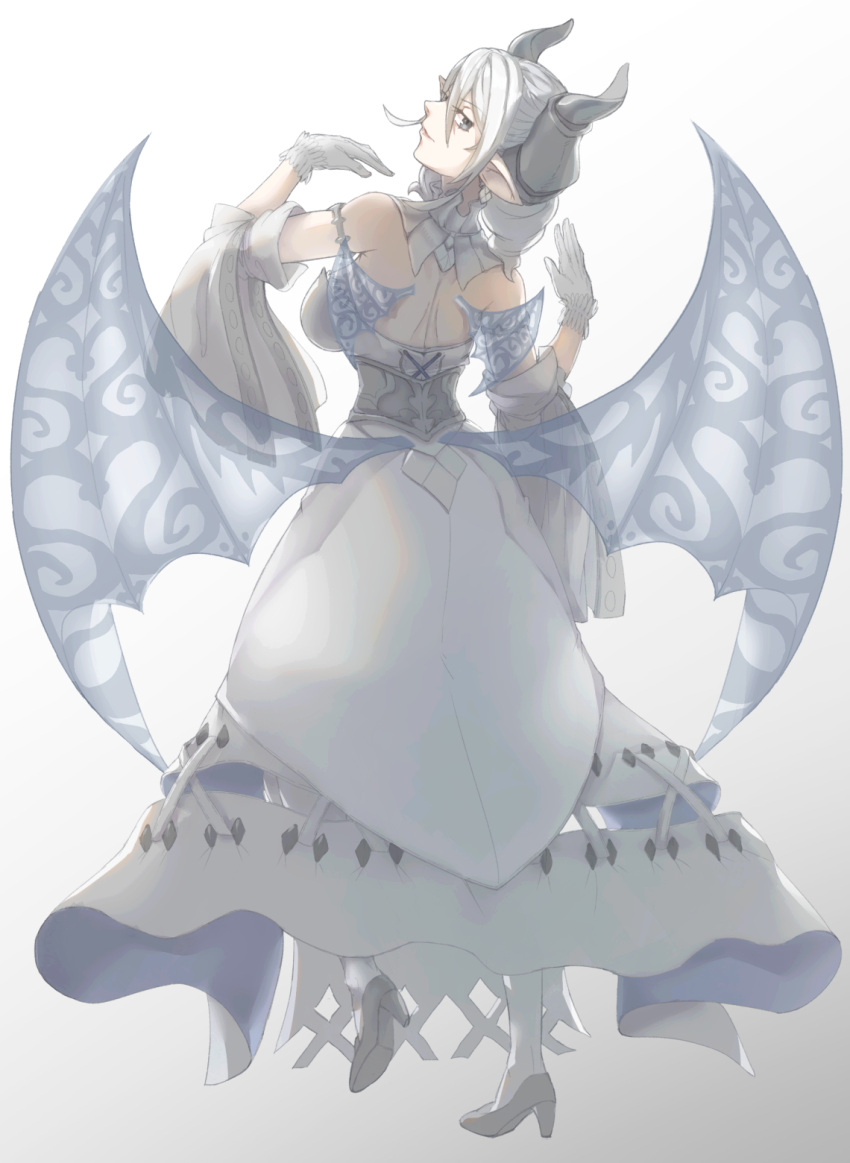 1girl artist_request breasts demon_girl demon_horns demon_wings dress duel_monster earrings gloves grey_eyes highres horns jewelry large_breasts looking_at_viewer looking_back lovely_labrynth_of_the_silver_castle low_wings multiple_wings pointy_ears simple_background smile solo transparent_wings twintails white_background white_hair white_horns wings yu-gi-oh! yu-gi-oh!_master_duel