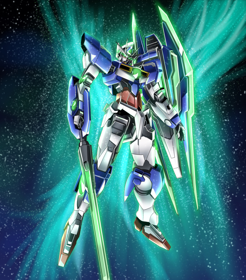 00_qan[t] commentary full_body glowing glowing_eyes green_eyes gundam gundam_00 gundam_00_a_wakening_of_the_trailblazer highres holding holding_sword holding_weapon light_particles looking_at_viewer mecha mobile_suit no_humans robot science_fiction shield shimashun sword v-fin weapon