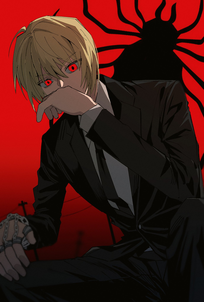 1boy androgynous black_suit blonde_hair bug chain covering_mouth earrings from_below glowing glowing_eyes hand_over_own_mouth highres hunter_x_hunter jewelry kurapika long_sleeves looking_at_viewer male_focus necktie official_alternate_costume red_eyes short_hair simple_background solo spider suit tokyo_bbo