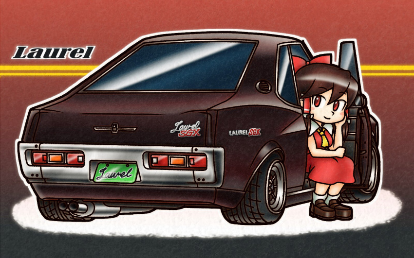 1girl ascot black_background blush bow brown_background brown_footwear brown_hair car closed_mouth collared_shirt commentary_request cookie_(touhou) frilled_hair_tubes frills full_body gradient_background hair_between_eyes hair_bow hair_tubes hakurei_reimu hand_on_own_cheek hand_on_own_face head_rest highres license_plate loafers looking_at_viewer medium_bangs medium_hair mgrm_ysnr motor_vehicle nissan_laurel red_bow red_eyes red_shirt red_skirt reu_(cookie) shirt shoes sidelocks sitting skirt skirt_set sleeveless sleeveless_shirt smile socks solo touhou white_socks yellow_ascot
