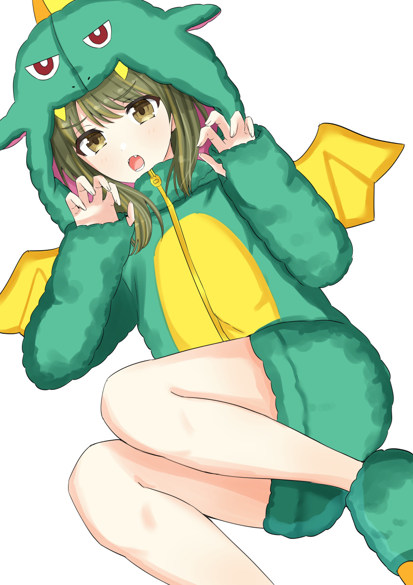 1girl absurdres bare_legs blush dinosaur_costume fake_wings fang green_eyes green_hair highres hood hood_up idolmaster idolmaster_shiny_colors kan'oke legs_folded looking_at_viewer nanakusa_nichika official_alternate_costume paw_pose paw_shoes simple_background solo white_background wings