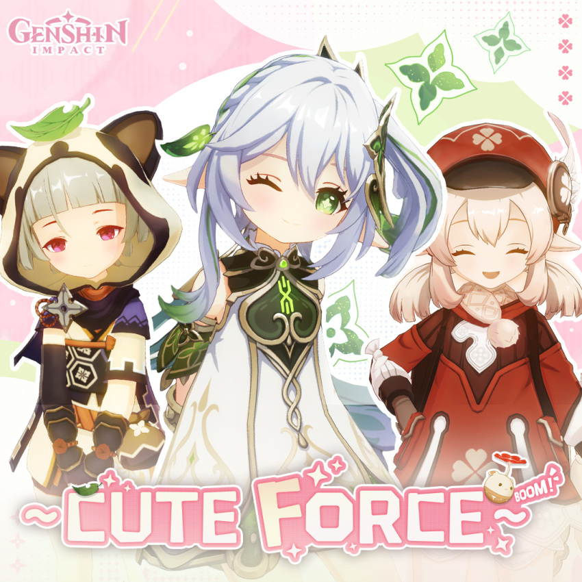 3girls animal_ears black_cape blonde_hair braid brown_gloves cabbie_hat cape closed_eyes closed_mouth copyright_name detached_sleeves dress english_text flat_chest genshin_impact gloves gold_trim gradient_hair green_hair green_sleeves grey_hair hair_between_eyes hair_ornament hat hat_feather klee_(genshin_impact) leaf logo long_hair looking_at_viewer low_twintails medium_hair multicolored_hair multiple_girls nahida_(genshin_impact) official_art one_eye_closed open_mouth pointy_ears red_dress red_eyes red_headwear sayu_(genshin_impact) short_hair shuriken side_braid side_ponytail sidelocks sleeveless sleeveless_dress twintails weapon white_dress