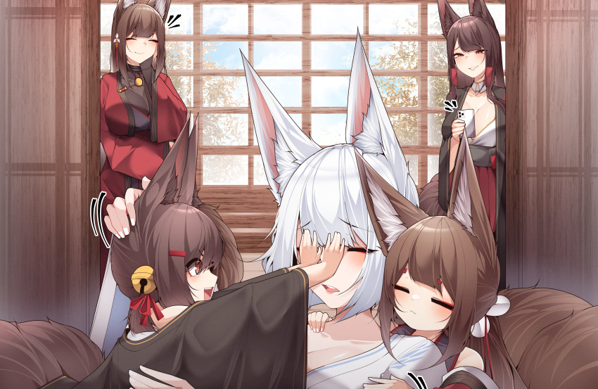 5girls :d absurdres akagi-chan_(azur_lane) akagi_(azur_lane) amagi-chan_(azur_lane) amagi_(azur_lane) animal_ears azur_lane bare_shoulders bell black_kimono blush breasts brown_hair bullying cellphone closed_eyes day eyeshadow facing_viewer fox_ears fox_girl fox_tail from_side grin hair_bell hair_between_eyes hair_ornament hair_ribbon hairclip hairpin half-closed_eyes hand_on_another's_head hand_on_another's_shoulder hand_up hands_on_another's_face hands_up happy headpat highres holding holding_phone hug hug_from_behind indoors japanese_clothes kaga_(azur_lane) kimono kitsune large_breasts long_hair looking_at_another makeup multiple_girls multiple_tails off_shoulder orange_eyes phone red_eyes red_eyeshadow red_kimono red_ribbon red_skirt ribbon samip short_hair skirt slit_pupils smile smug tail taking_picture teeth upper_teeth_only very_long_hair white_hair wide_sleeves