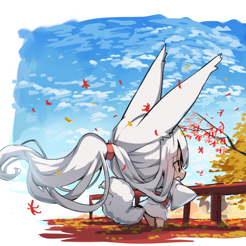 1girl absurdly_long_hair animal_ears barefoot big_head blue_sky branch chibi clouds cloudy_sky commentary_request day fence fox_ears fox_girl fox_tail grey_hair hair_between_eyes highres japanese_clothes kimono long_hair long_sleeves original outdoors ponytail profile sky solo standing tail very_long_hair white_kimono wide_sleeves yuuji_(yukimimi)