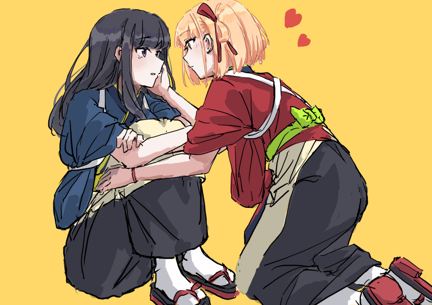 2girls absurdres black_hair blonde_hair blue_kimono blush bob_cut commentary crying english_commentary eye_contact fafayu hair_ribbon hand_on_another's_cheek hand_on_another's_face heart highres hugging_own_legs inoue_takina japanese_clothes kimono long_hair looking_at_another lycoris_recoil multiple_girls nishikigi_chisato one_side_up open_mouth red_bracelet red_eyes red_kimono red_ribbon ribbon short_hair sidelocks simple_background sitting socks violet_eyes white_socks yellow_background yuri