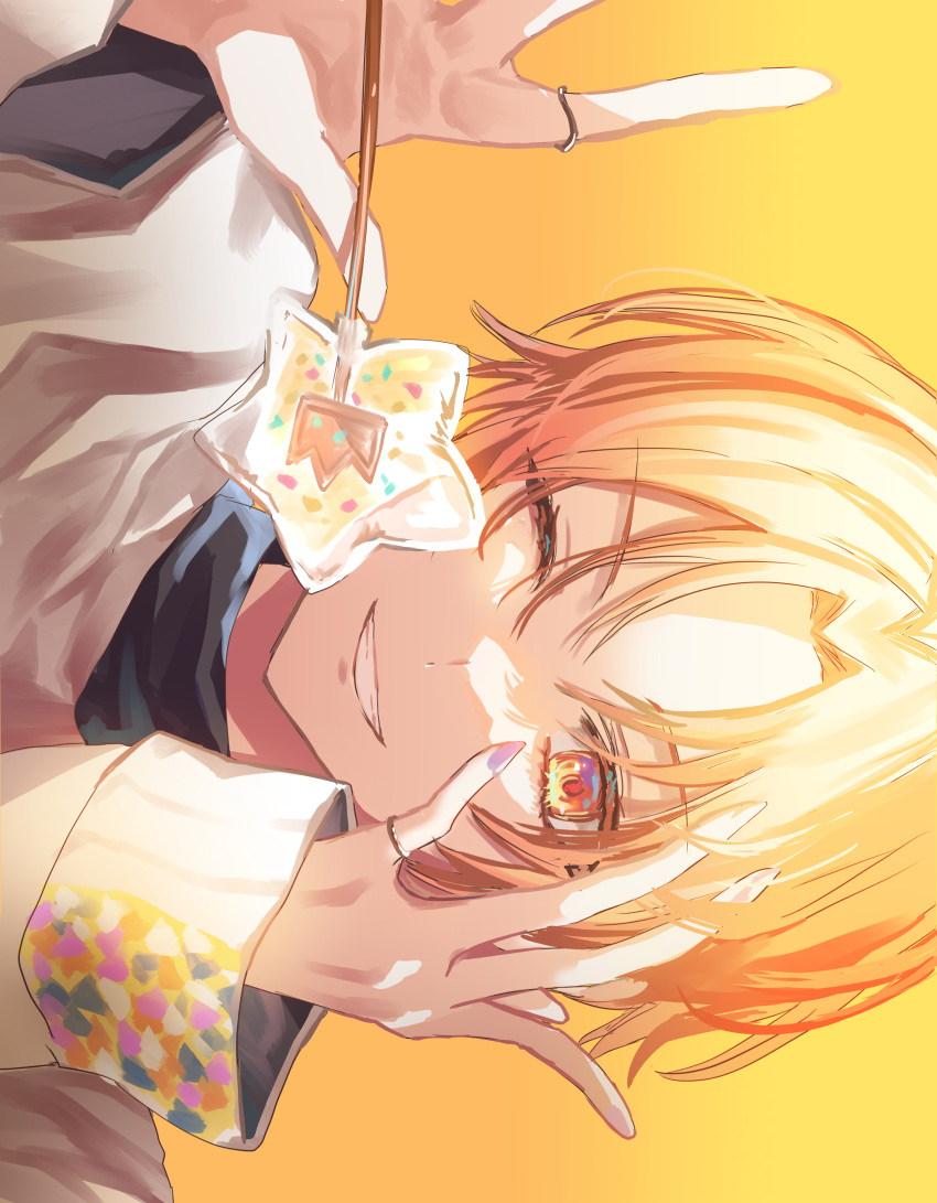 1boy absurdres colored_eyelashes crown fingernails hands_up highres holding jewelry long_hair long_sleeves male_focus nail_polish official_alternate_costume official_alternate_hairstyle one_eye_closed orange_background orange_hair por_(_por_tt) project_sekai ring short_hair simple_background smile solo teeth tenma_tsukasa